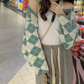 Lizakosht Lattice Sweater Coat Women's Autumn Winter New Korean Style Retro Loose-fitting Short Knitted Cardigan Streetwear